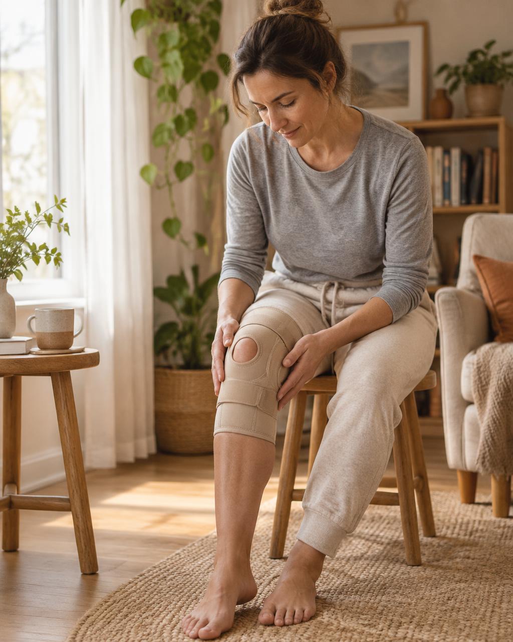 Adult resting a braced knee while seated at home